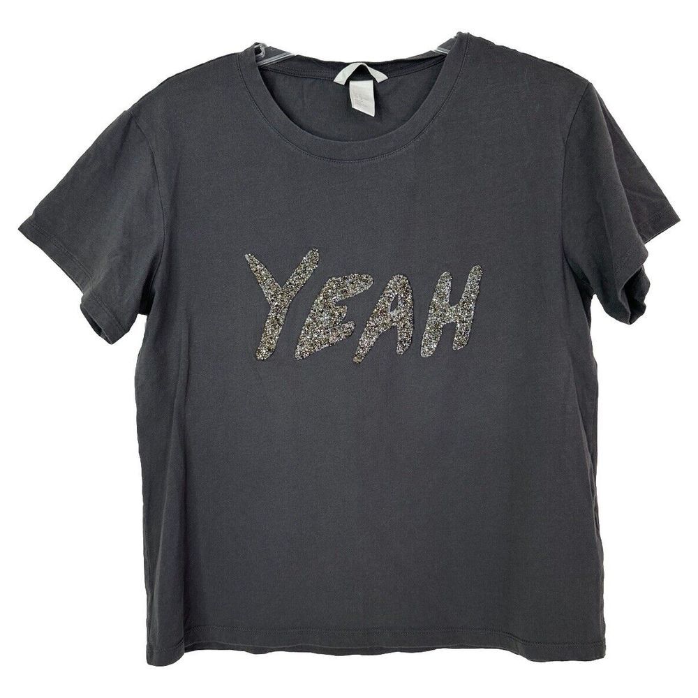H&M Top Womens Medium Glitter "Yeah" T-shirt Short Sleeve Crew Neck Gray